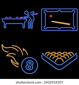 billiards group of neon icons, vector illustration, on black background.