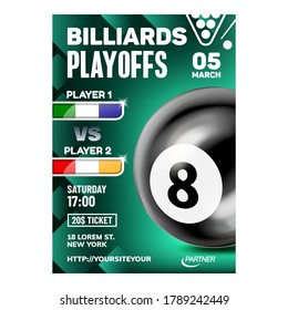 Los Billetes Golpean Y Apuntan A Un Vector De Carteles De Juego De Balas. Ocho Balas Negras Y Equipos De Palos Para Jugar Snooker En Cartel De Anuncio De Publicidad. Ilustración del diseño del concepto de color de evento de pub de juego