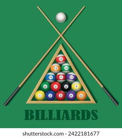 Billardsymbol. Billardbälle und zwei Zähne auf grünem Hintergrund. Vektorgrafik