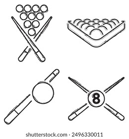 billiards icon set, brush strokes on white background. Vector illustration.