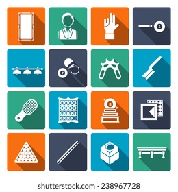 Billiards icons flat set with cue player table shot isolated vector illustration