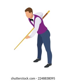 Billiards isometric composition with isolated human character of male player on blank background vector illustration