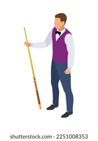 Composición isométrica Billiards con carácter humano aislado del jugador masculino en ilustración vectorial de fondo en blanco