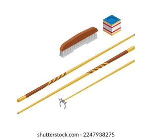 Composición isométrica de Billiards con imagen aislada de equipos deportivos de juegos en ilustración vectorial de fondo en blanco