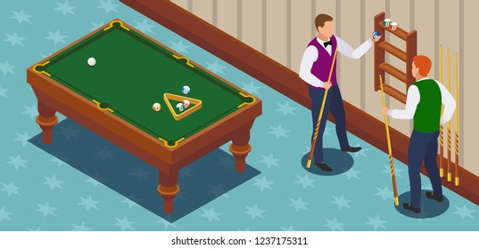 Billiards isometric composition with two male human characters of players in the playing room with furniture vector illustration