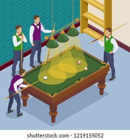 Billiards isometric composition with view of game situation with playing room and human characters of players vector illustration