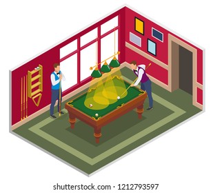 Billiards isometric composition with view of indoor billiard playing room with furniture and characters of people vector illustration