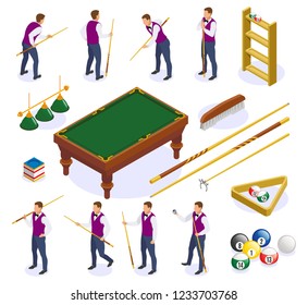 Billiards isometric icons set with isolated images of table cue sticks and balls with human characters vector illustration
