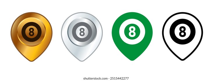 Billiards location pool zone map direction pinpoint sport destination hobby entertainment set design collection