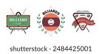 Billiards logo design vector flat illustrations set. Cartoon billiard ball emblem with laurel wreath, pool table, cues and triangle. Billiards club game sport competition symbol, league label