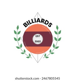 Billiards logo design vector flat illustration. Cartoon billiard ball emblem with green leaves, laurel wreath isolated on white. Billiards game sport competition symbol, club league label