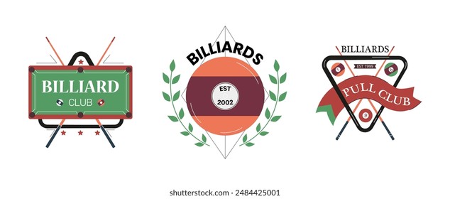 Billiards logo design vector flat illustrations set. Cartoon billiard ball emblem with laurel wreath, pool table, cues and triangle. Billiards club game sport competition symbol, league label