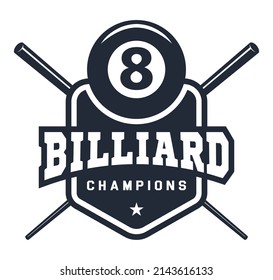 Billiards logo in flat style. Billiard cue and ball with number eight, sports equipment. Sport games. Emblem, badge. Vector illustration, isolated on white background.