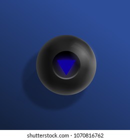 Billiards Magic Eight Ball Realistic Vector Illustration. Blue Background with Black Sphere and Soft Shadows. Abstract Luck Symbol Card Template.