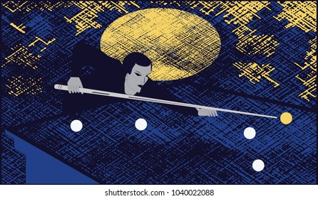 Billiards - man cue making a punch on billiard ball -art illustration vector