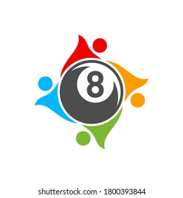Billiards with people logo design vector. Sport labels for poolroom. Billiards club logo template.