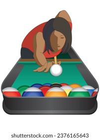 billiards player, female, taking aim at the cue ball with billiards balls in triangular formation in front