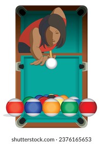 billiards player, female, taking aim at the cue ball with billiards table in the background