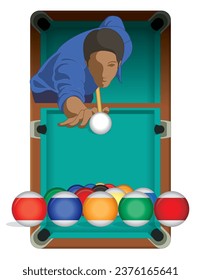 billiards player, male, taking aim at the cue ball with billiards table in the background