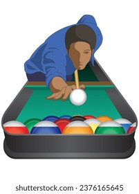 billiards player, male, taking aim at the cue ball with billiards balls in triangular formation in front