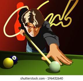 Billiards player Man playing billiards. Vector.