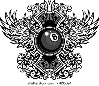 Billiards or Pool Eight Ball with Ornate Wing Borders Vector Graphic