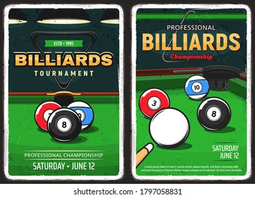 Billiards pool game, snooker championship and tournament vector retro vintage posters. Poolroom billiards and pool snooker, sport game cues, 8 eight ball and triangle rack on green table
