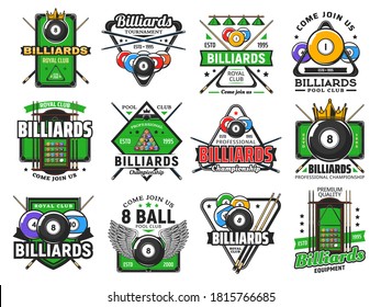 Billiards pool game, snooker sport club icons, vector poolroom championship and tournament. Billiards royal club and pool snooker signs of cues, 8 eight ball with wing, triangle rack and green table