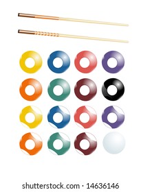Billiards, pool set with all balls and two types of cue sticks