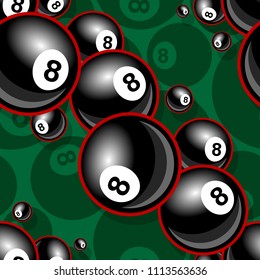 Billiards pool snooker 8 ball symbol Printable seamless pattern. Vector illustration. Ideal for wallpaper, packaging, fabric, textile, paper design and any kind of decoration.