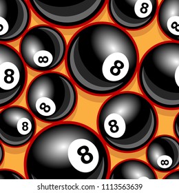 Billiards pool snooker 8 ball symbol Printable seamless pattern. Vector illustration. Ideal for wallpaper, packaging, fabric, textile, paper design and any kind of decoration.
