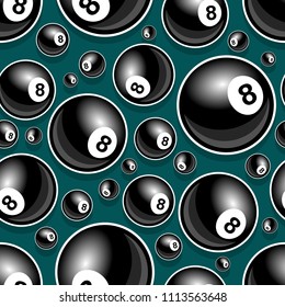 Billiards pool snooker 8 ball symbol Printable seamless pattern. Vector illustration. Ideal for wallpaper, packaging, fabric, textile, paper design and any kind of decoration.