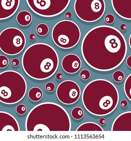 Billiards pool snooker 8 ball symbol Printable seamless pattern. Vector illustration. Ideal for wallpaper, packaging, fabric, textile, paper design and any kind of decoration.