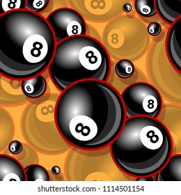 Billiards pool snooker 8 ball symbol Printable seamless pattern. Vector illustration. Ideal for wallpaper, packaging, fabric, textile, paper design and any kind of decoration.