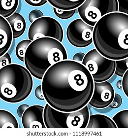 Billiards pool snooker 8 ball symbol Printable seamless pattern. Vector illustration. Ideal for wallpaper, packaging, fabric, textile, paper design and any kind of decoration.