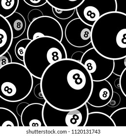 Billiards pool snooker 8 ball symbol Printable seamless pattern. Vector illustration. Ideal for wallpaper, packaging, fabric, textile, paper design and any kind of decoration.