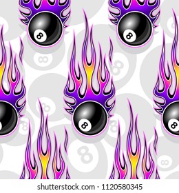 Billiards pool snooker 8 ball symbols printable seamless pattern with hotrod flames. Vector illustration. Ideal for wallpaper packaging fabric textile wrapping paper design.