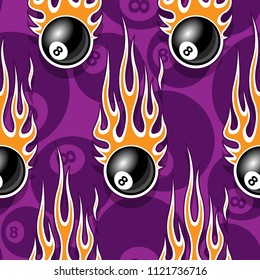 Billiards pool snooker 8 ball symbols printable seamless pattern with hotrod flames. Vector illustration. Ideal for wallpaper packaging fabric textile wrapping paper design.