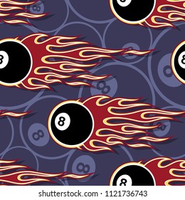 Billiards pool snooker 8 ball symbols printable seamless pattern with hotrod flames. Vector illustration. Ideal for wallpaper packaging fabric textile wrapping paper design.