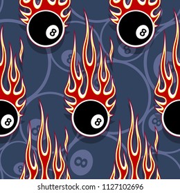 Billiards pool snooker 8 ball symbols seamless pattern with hotrod flame. Printable vector illustration. Ideal for wallpaper packaging fabric textile wrapping paper design.