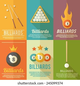 Billiards pool snooker accessories mini poster flat set isolated vector illustration