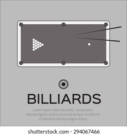 Billiards, pool, snooker game. Balls triangle, cue on table. Vector illustration.