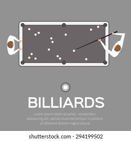 Billiards, pool, snooker game. Balls triangle, cue on table. Man playing professional billiards, pool, snooker - Vector illustration. 