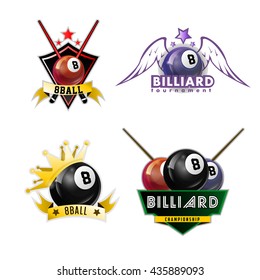 Billiards, pool and snooker sport logos set for poolroom emblems design with balls, stars, crowns. Vector illustration. Isolated on white.