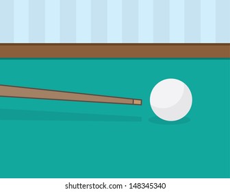 Billiards pool stick about to hit ball 
