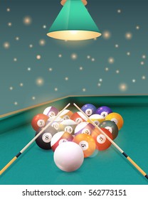 Billiards Poster Event Info Postcard Design and Sports Ad Web Banner or Cue Sports Horizontal Card Template, Realistic Billiard Ball and Stick Illustration. Vector Background