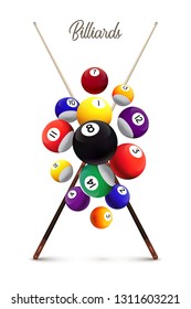 Billiards poster template. Different falling billiard balls and two crossed cues on white background. Vector billiard illustration