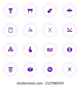 billiards purple color vector icons on light round buttons with purple shadow. billiards icon set for web, mobile apps, ui design and print