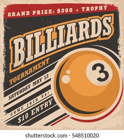 Billiards retro poster design layout with billiard yellow ball on black background. Sports and leisure promotional banner.