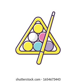 Billiards RGB color icon. Cuesports game, pub entertainment, leisure activity. Professional cue sport, pool, snooker attributes. Triangle with balls and cue stick isolated vector illustration